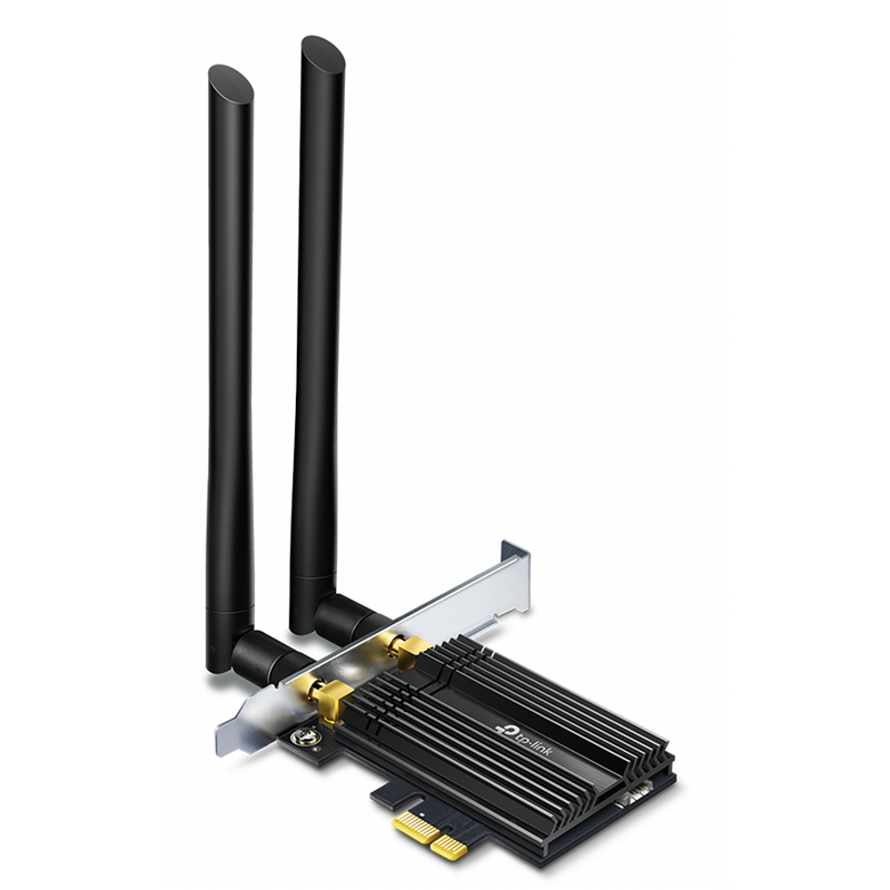 11AX 3000Mbps dual-band PCI-E adapter, 2402Mbps at 5G and 574Mbps at 2.4G, support Bluetooth 5.0, WPA2 encryption, two external Antennas.