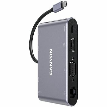 CANYON  8 in 1 USB C hub, with 1*HDMI: 4K*30Hz, 1*VGA, 1*Type-C PD charging port, Max 100W PD input. 3*USB3.0,transfer speed up to 5Gbps. 1*Glgabit Ethernet, 1*3.5mm audio jack, cable 15cm, Aluminum a