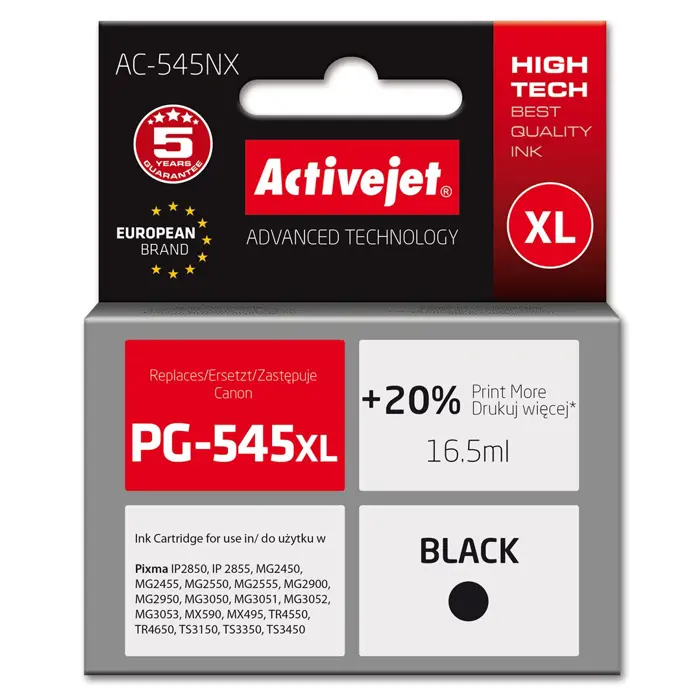 Activejet AC-545NX Printer Ink for Canon, Replacement Canon PG-545XL; Supreme; 16,5ml; Black