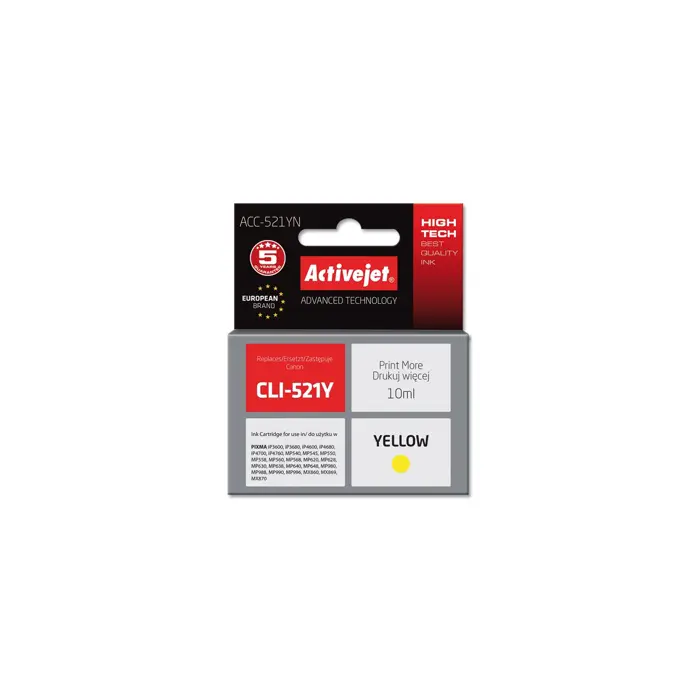 Activejet ACC-521YN Ink cartridge (replacement for Canon CLI-521Y; Supreme; 10 ml; yellow)