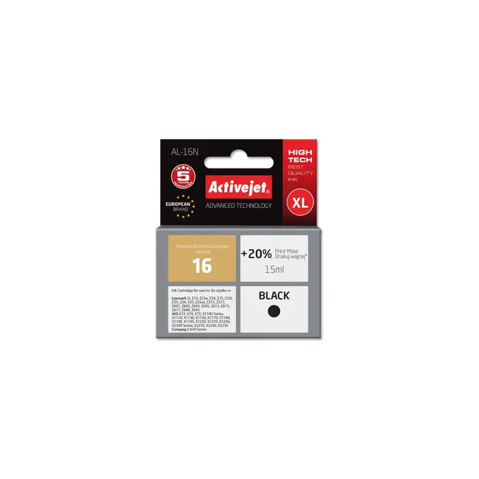 Activejet AL-16N Ink Cartridge (replacement for Lexmark 16 10N0016; Supreme; 15 ml; black)