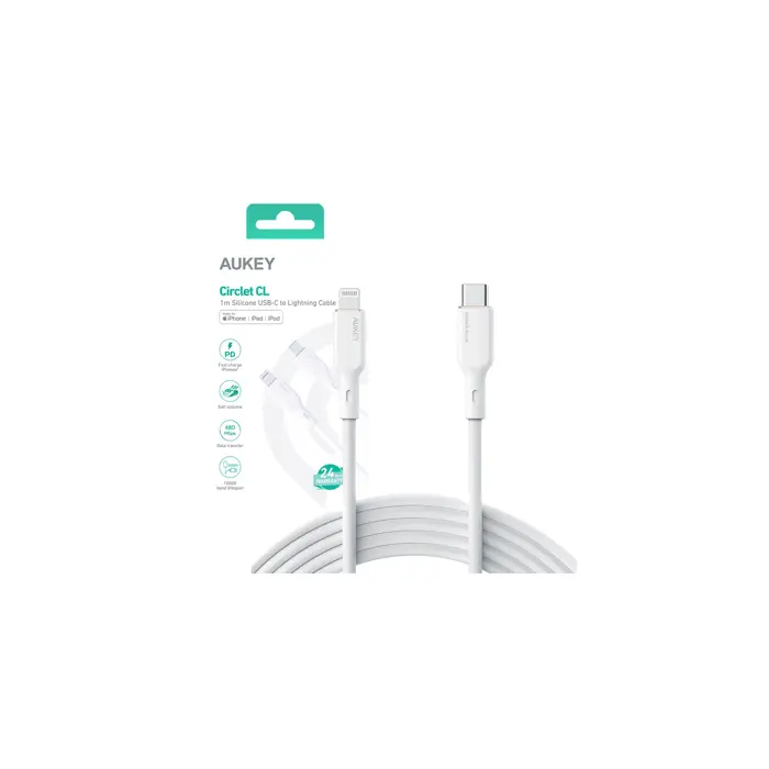 AUKEY CB-SCL2 Power Delivery USB C - Lightning Apple 1.8m 27W 3A Silicon Cable White