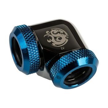 Bitspower Adapter 90 degree 12mm OD hard tube to 12mm OD hard tube - glossy black/blue BP-BSE90DML-RBL