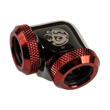 Bitspower Adapter 90 degree 12mm OD hard tube to 12mm OD hard tube - glossy black/red BP-BSE90DML-DBR