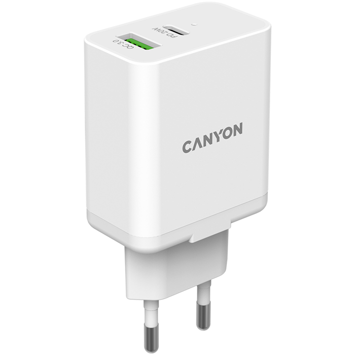 Canyon, PD 20W/QC3.0 18W WALL Charger with 1-USB A+ 1-USB-C   Input: 100V-240V, Output: 1 port charge: USB-C:PD 20W (5V3A/9V2.22A/12V1.67A) , USB-A:QC3.0 18W (5V3A/9V2.0A/12V1.5A), 2 port charge: comm