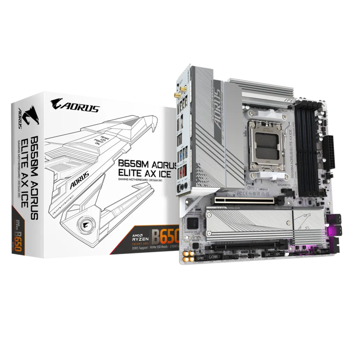 GIGABYTE B650M AORUS ELITE AX ICE, DDR5, SATA3, USB3.2Gen2x2, DP, 2.5GbE, WiFi 6E, AM5 mATX