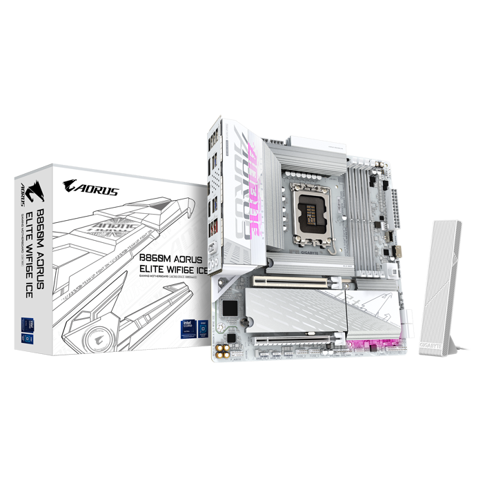 GIGABYTE B860M Aorus Elite WiFi6E ICE Mainboard, Sockel LGA 1851, Intel B860, mATX, DDR5-B860M AORUS ELITE WF6E ICE