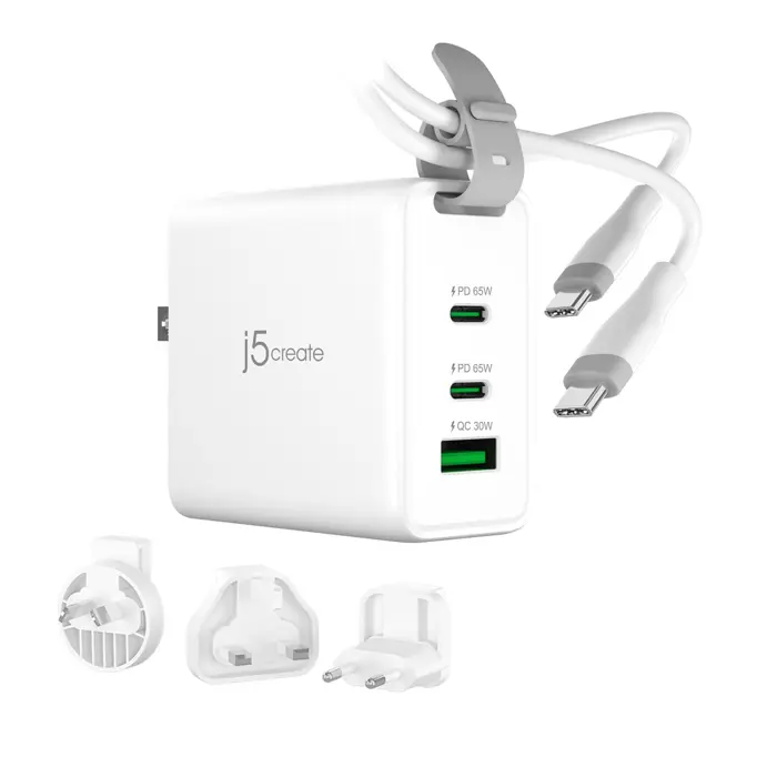 j5create 65W GaN USB-C 3-Port Traveler Charger with changeable AC plugs and USB-C cable