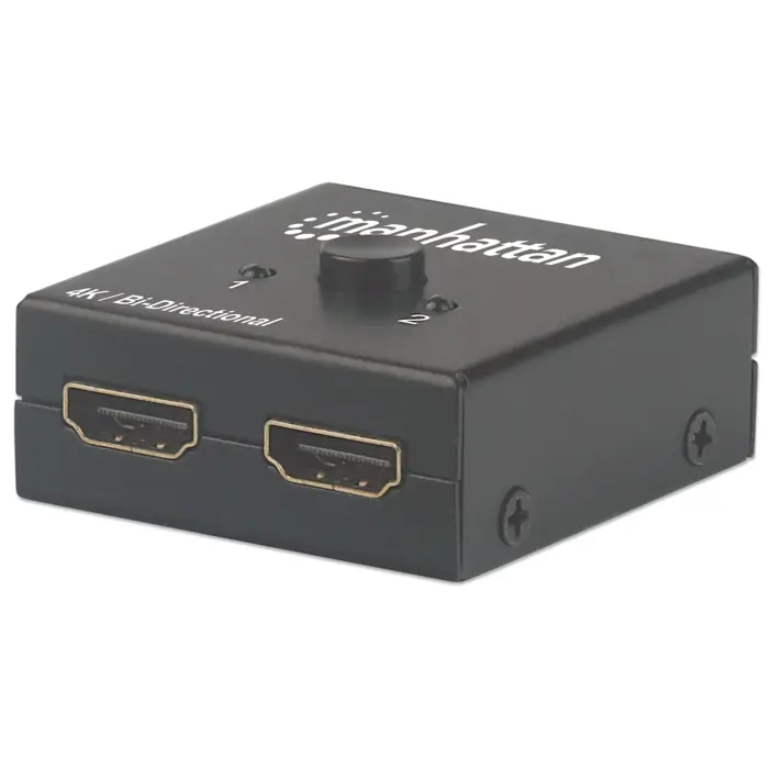 Manhattan HDMI Switch 2-Port, 4K@30Hz, Bi-Directional, Black, Displays output from x1 HDMI source to x2 HD displays (same output to both displays) or Connects x2 HDMI sources to x1 display, Manual Sel