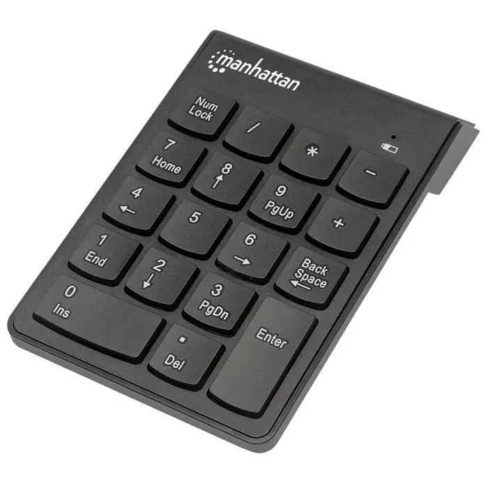 Manhattan Numeric Keypad, Wireless (2.4GHz), USB-A Micro Receiver, 18 Full Size Keys, Black, Membrane Key Switches, Auto Power Management, Range 10m, AAA Battery (included), Windows and Mac, Three Yea