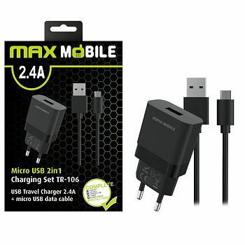 MAXMOBILE KUĆNI PUNJAČ SET 2U1 USB+ MICRO DATA KABEL 2.4A