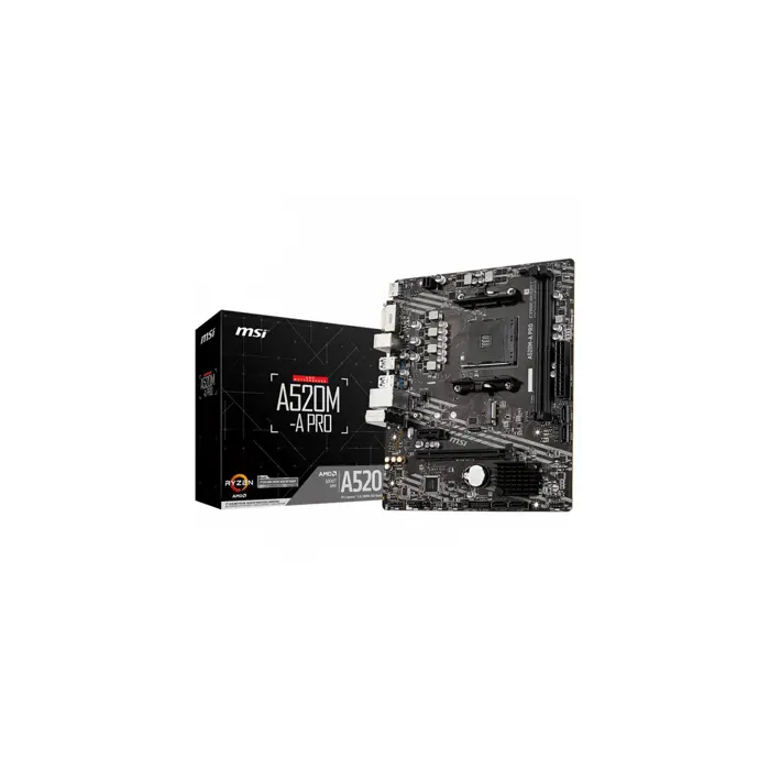 MSI Main Board Desktop A520M-A PRO (A520, AM4, 2xDDR4, 1x PCI-E 3.0 x16 slot,1x M.2 slot,4x USB 3.2 Gen1,2x USB 2.0,1x HDMI,1x DVI-D,Gigabit LAN,7.1 HD Audio, mATX, Retail)