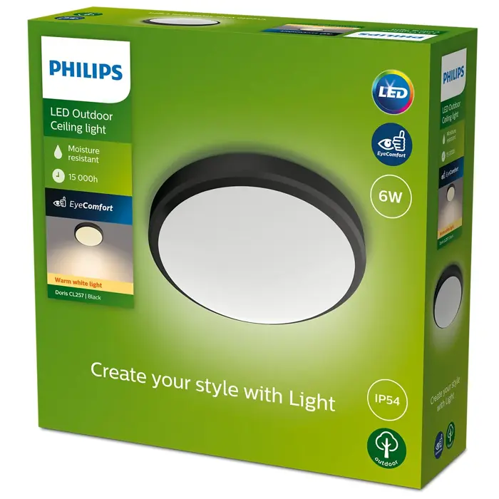 Philips Doris Ceiling 6W 27K Black IP54 HV