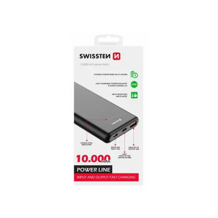 Power Bank SWISSTEN 10000mAh, QC 3.0, USB-C, crna