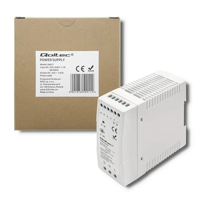 Qoltec Din Rail Power Supply | 40W | 24V | 1.67A | White | Slim