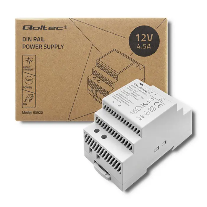 Qoltec Din Rail Power Supply | 54W | 12V | 4.5A | Grey