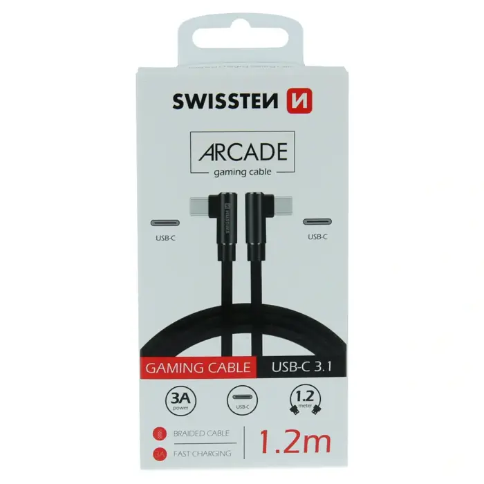 SWISSTEN kabel Arcade USB-C/USB-C, 3A, 1.2m, L-konektor, crni