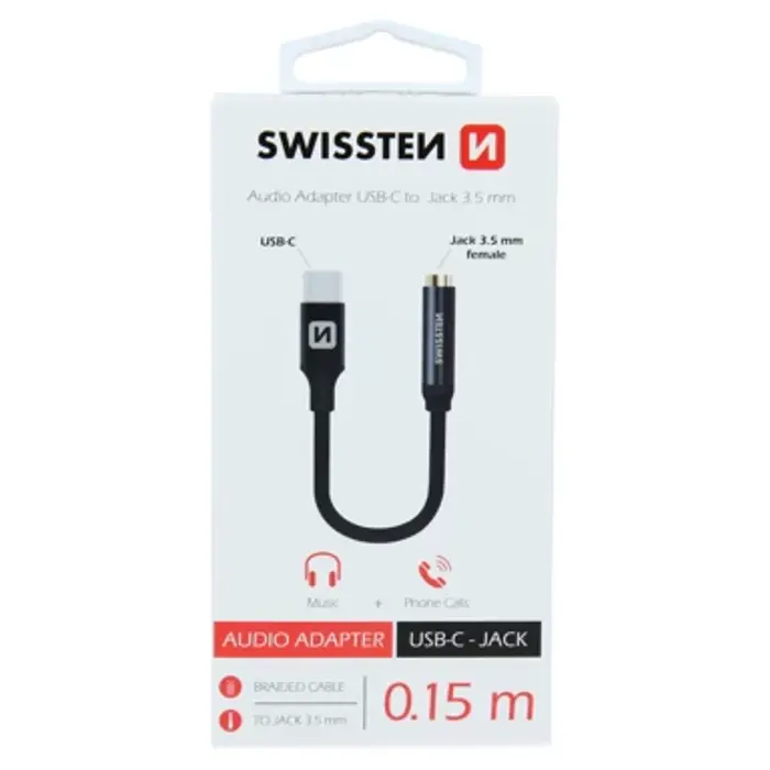 SWISSTEN kabel audio, stereo, USB-C na audio 3.5mm ženski, 15cm, crni