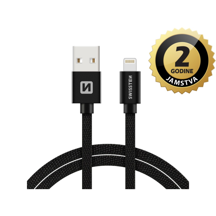 SWISSTEN kabel USB/Lightning, platneni, 3A, 3m, crni