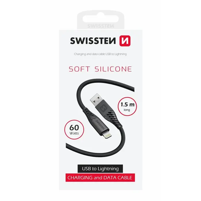 SWISSTEN kabel USB/Lightning, SOFT SILICONE, 3A, 60W, 1.5m, crni