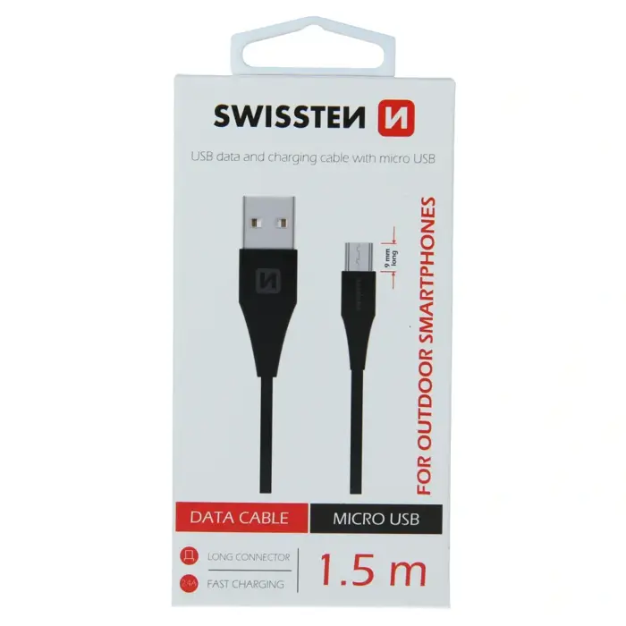 SWISSTEN kabel USB/microUSB, 1.5m, produženi microUSB priključak 9mm, crni