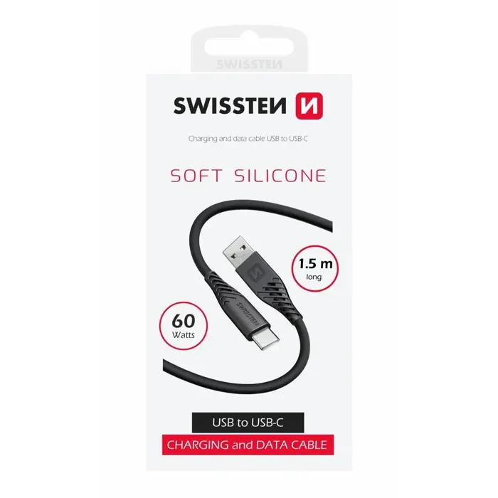 SWISSTEN kabel USB/USB-C, SOFT SILICONE, 3A, 60W, 1.5m, crni