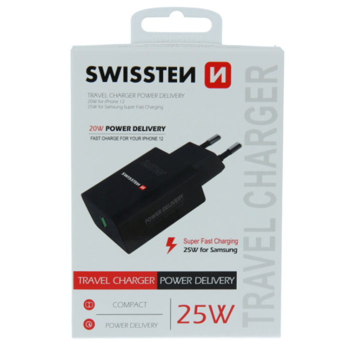 SWISSTEN punjač za AC220, 1xUSB-C, PD 25W, za iPhone i Samsung, crni