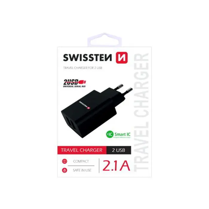 SWISSTEN punjač za AC220, 2xUSB, 2.1A, SMART IC, crni + LIGHTNING MFI kabel