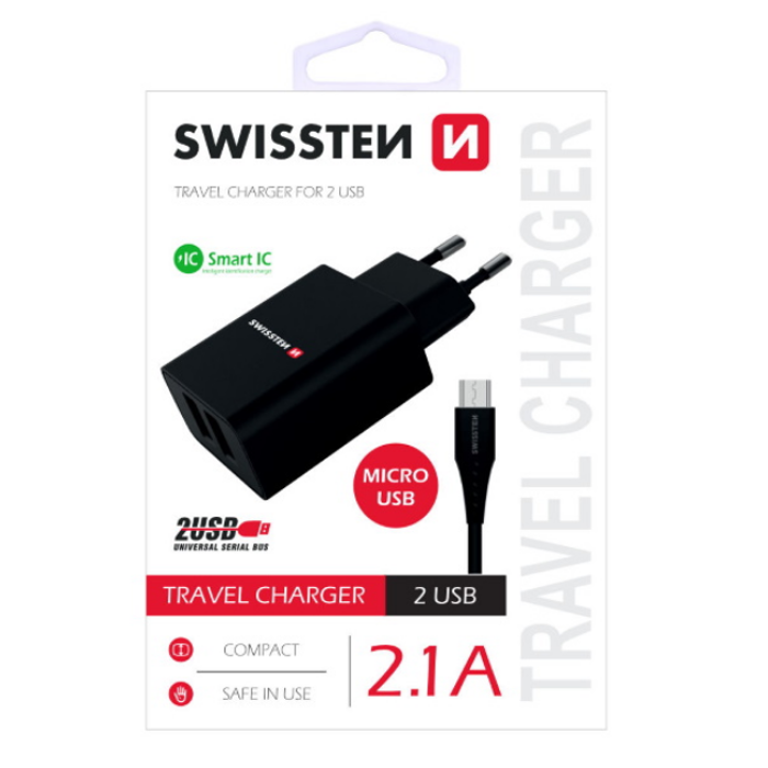 SWISSTEN punjač za AC220, 2xUSB, 2.1A, SMART IC, crni + microUSB kabel