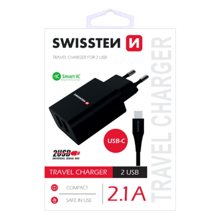 SWISSTEN punjač za AC220, 2xUSB, 2.1A, SMART IC, crni + USB-C kabel