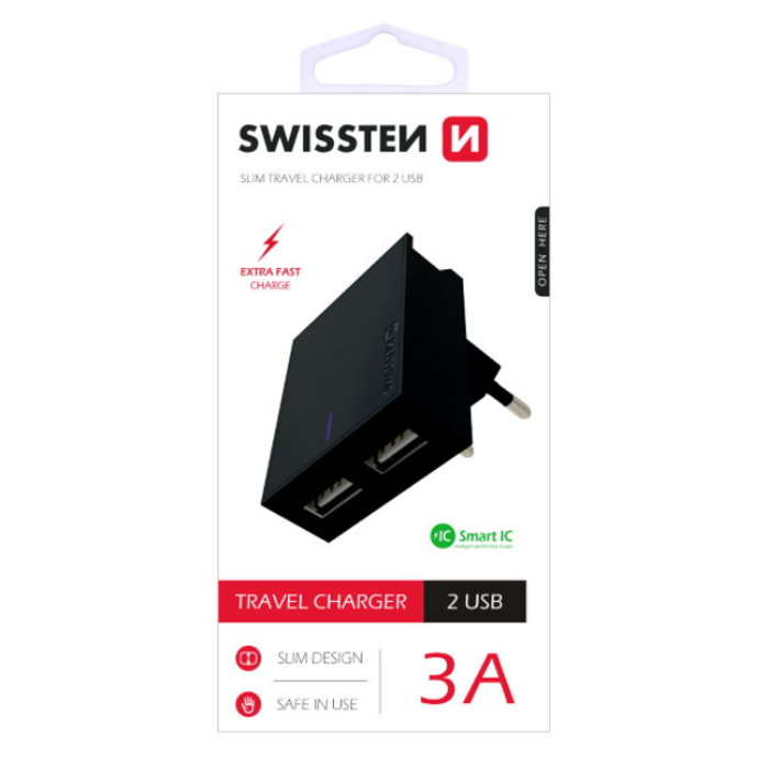 SWISSTEN punjač za AC220, 2xUSB, 3.1A, SMART IC, držač, crni