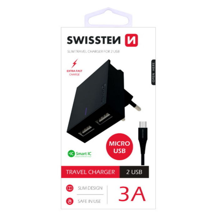 SWISSTEN punjač za AC220, 2xUSB, 3A, SMART IC, držač, crni + microUSB kabel