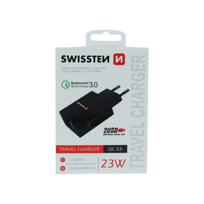 SWISSTEN punjač za AC220, 2xUSB, QUALCOMM 3.0, brzi, 23W, crni