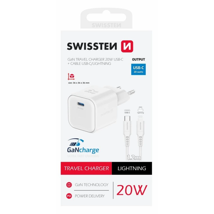 SWISSTEN punjač za AC220, GaN, 1xUSB-C, 1A, bijeli + Lightning kabel