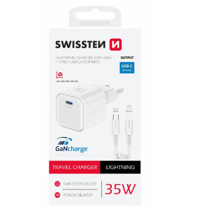 SWISSTEN punjač za AC220, GaN, 1xUSB-C, 1A, bijeli + Lightning kabel