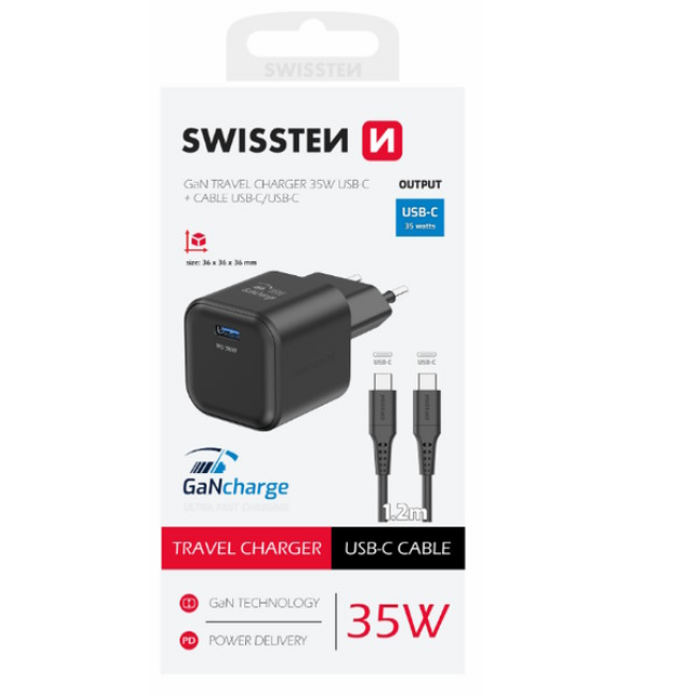 SWISSTEN punjač za AC220, GaN, 1xUSB-C, 1A, crni + USB-C kabel