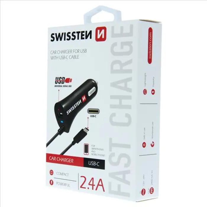 SWISSTEN punjač za auto, 1xUSB-C, 1xUSB + USB-C kabel, crni